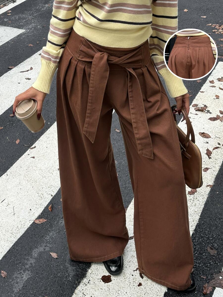 Rivivi Petite Women's Street Fashion Lace-Up Ruched Loose Denim Long Pants - Brown - View 1