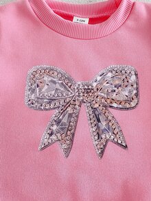SHEIN 幼兒女嬰可愛粉白花卉亮片蝴蝶結羅紋長袖運動衫褲套裝 生日秋季假期連身毛衣 親子套裝 - 彩色 - 查看 5