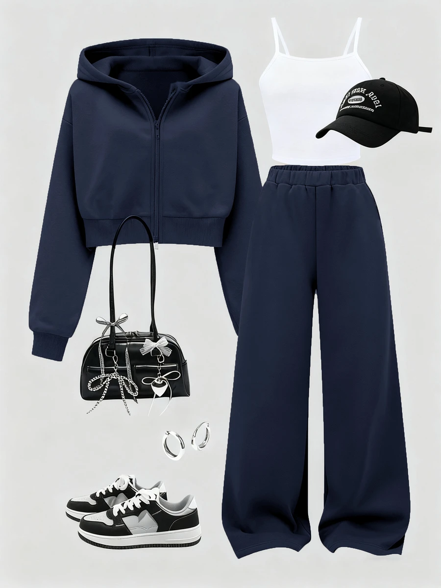 SHEIN 3件套女款大童青少年休閒運動時尚極簡風吊帶背心＋短版拉鍊連帽外套＋寬腿長褲套裝 秋冬校園海軍藍 - 藏蓝色 - 查看 1