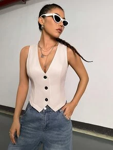 StreetHx 女款素色單排扣休閒百搭通勤旅行西裝背心 - 杏色 - 查看 6