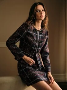 MOTF PREMIUM WOMEN'S ROUND NECK LONG SLEEVE MIXED COLOR PLAID ELEGANT SWEET SHORT JACKET - Blue - View 1