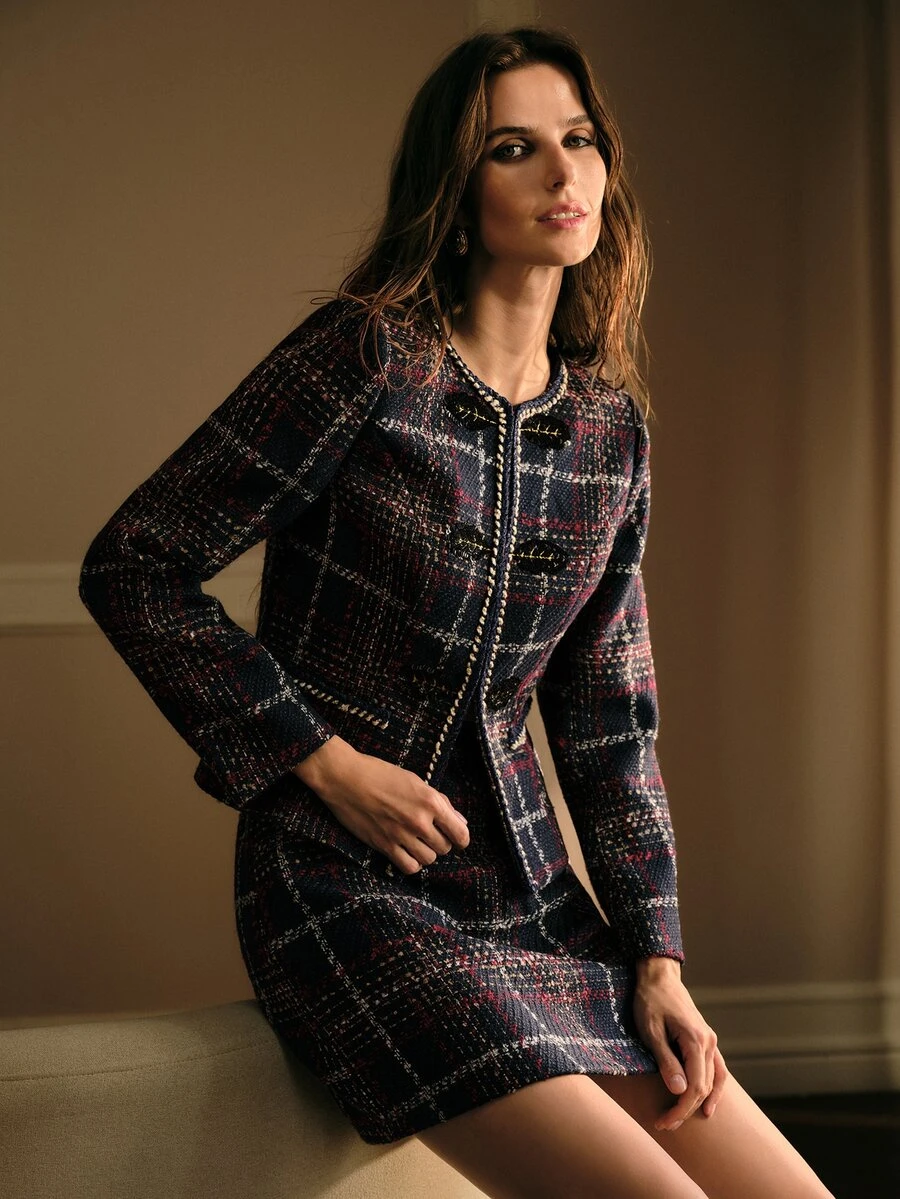 MOTF PREMIUM WOMEN'S ROUND NECK LONG SLEEVE MIXED COLOR PLAID ELEGANT SWEET SHORT JACKET - Blue - View 1