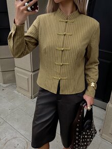 Siren Gaze Autumn New Style New Chinese Frog Button Shirt Women - Brown - View 6