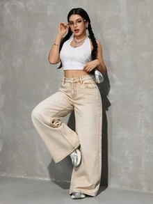 SHEIN Tall 女款高腰寬鬆純色長版牛仔褲 日常約會米色秋季Y2K街頭風牛仔褲 - 卡其色 - 查看 4