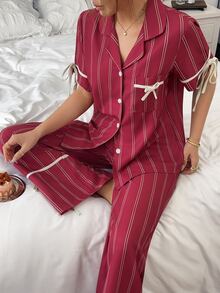 Napfluff 條紋印花休閒居家服撞色翻領短袖女款睡衣長褲套裝 - 酒紅色 - 查看 1