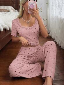 CottageSlumber Women's Ribbed Knit Pajama Set With Heart Print, Lace Trim Neckline, Sweet Fashion Casual Style, Large Scoop Neck Short Sleeve Long Pants, Suitable For All Seasons And Outdoor Wear - Dusty Pink - View 1