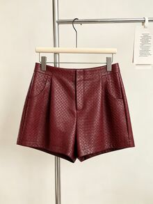 INAWLY Women's Burgundy Woven Leather Shorts - Burgundy - View 3