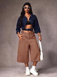 SHEIN EZwear 女款休閒寬腿鬆身長度口袋設計九分牛仔褲 - 摩卡棕 - 查看 6