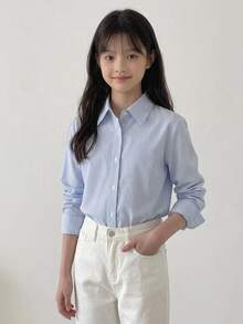 Hapijoa 青少年女孩秋季大童領口短袖襯衫夏季上衣 - 藍色 - 查看 4