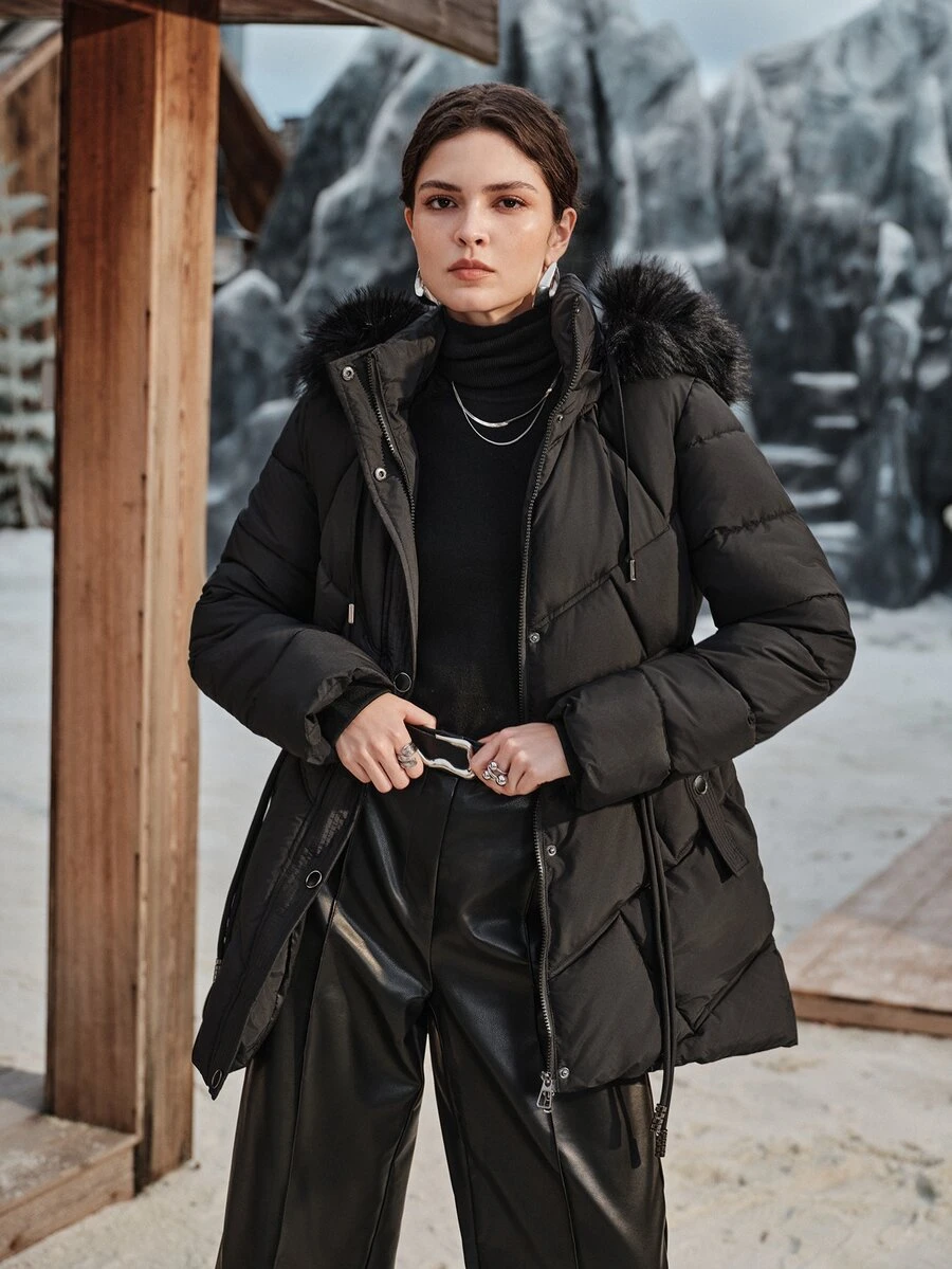 Anewsta Winter Black Hooded Detachable Fur Collar Decorated Belt Long Sleeve Padded Coat - Black - View 1