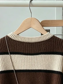 Young Girls Sweaters Round Neck Apricot Khaki Coffee Striped Color Block Pullover Sweater Soft Knit Minimalist Design Long Sleeve Top Suitable For Autumn Winter Casual Outing Party Photo Shoot Play - Multicolor - View 4