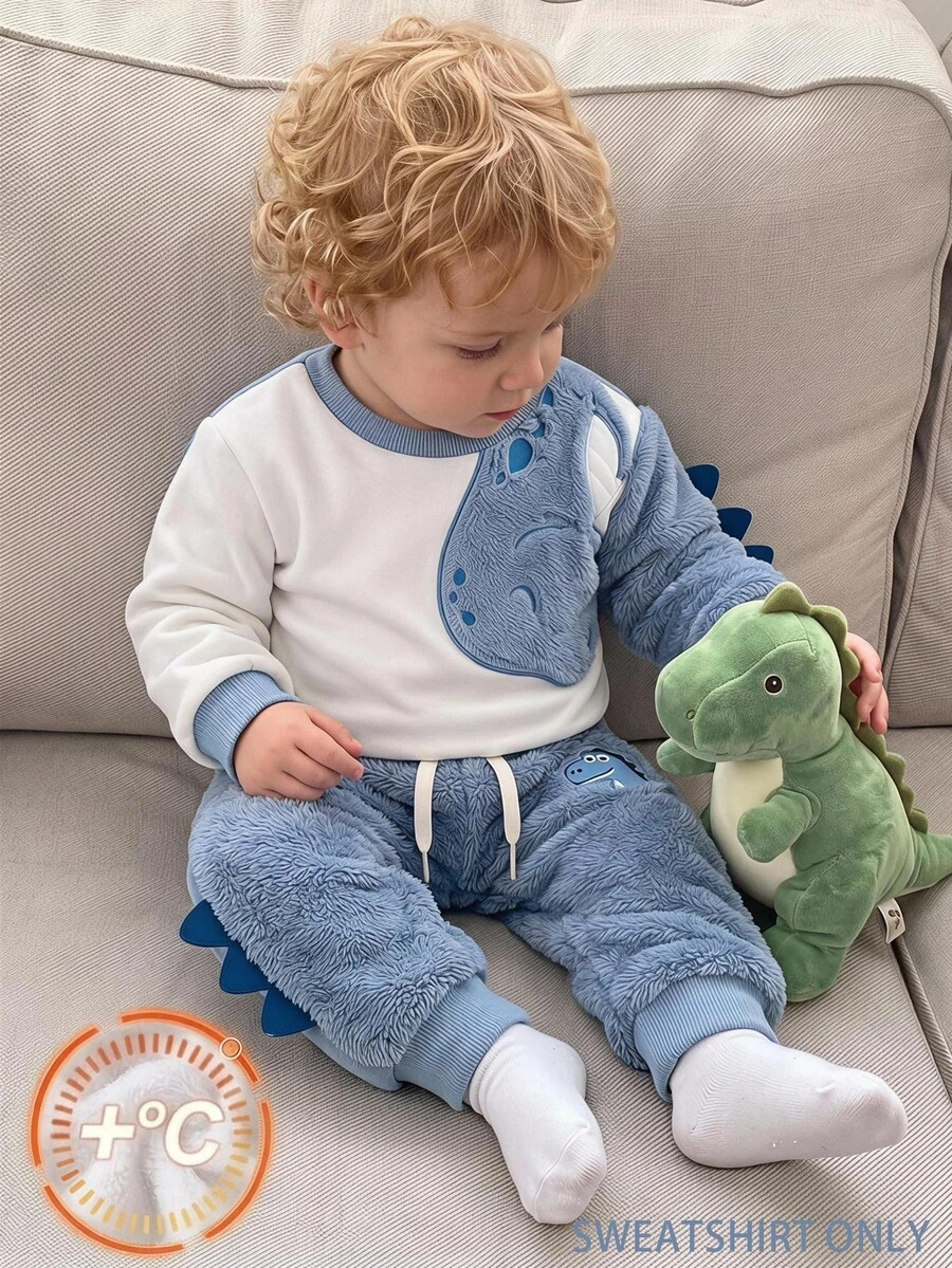 SHEIN Baby Boy Cartoon Bear Graphic Colorblock Plush Crew Neck Pullover Long Sleeve Sweatshirt, Versatile Casual, Suitable For Autumn/Winter - Multicolor - View 1