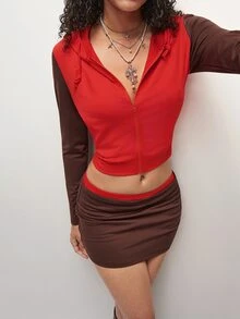 SHEIN TRNDY Women's 2000s Style Streetwear Colorblock Sleeve Pocket Hooded Sweatshirt And Skirt Y2K Set - Red - View 9