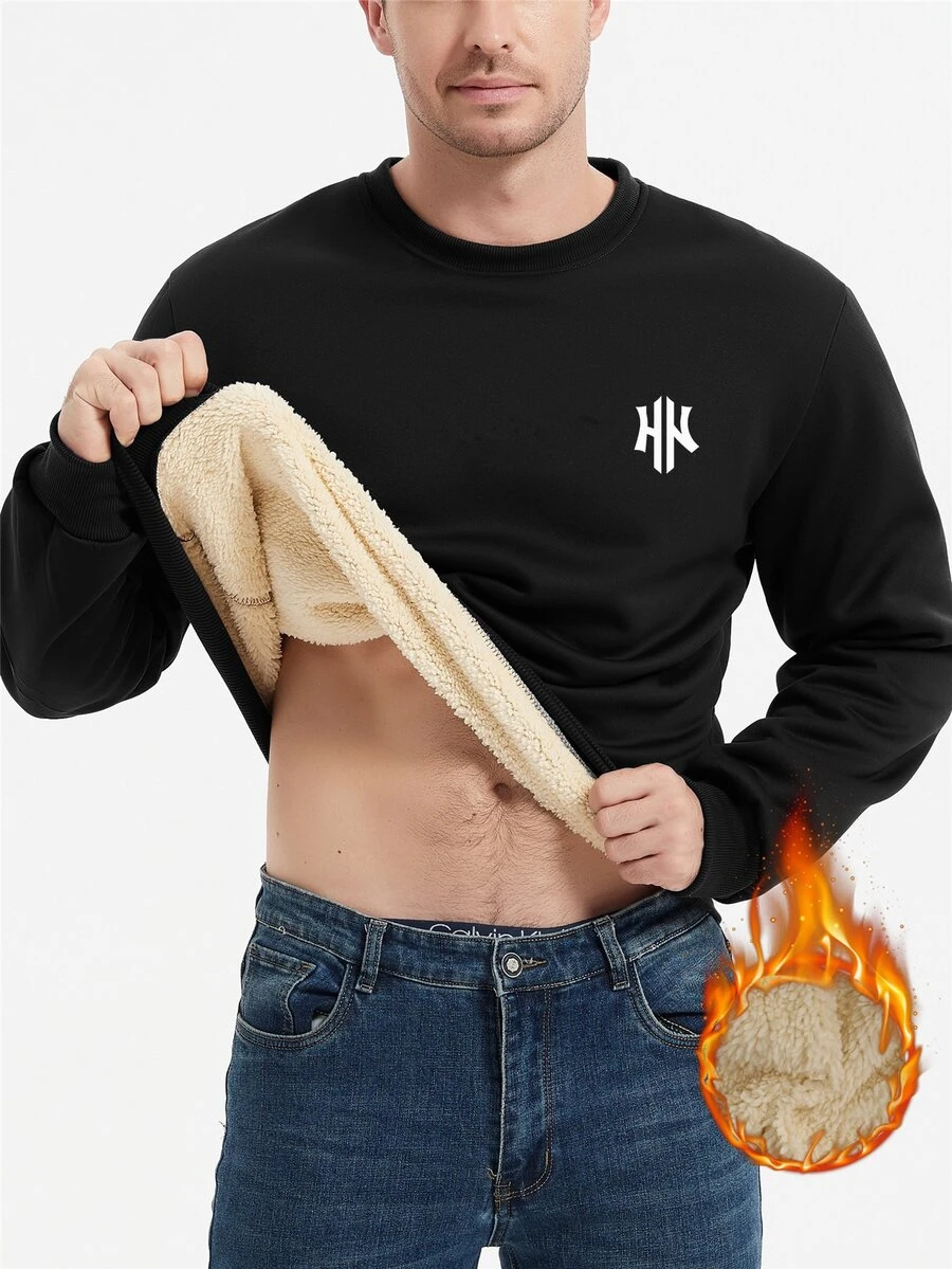 Manfinity Homme 男士素色圓領時尚休閒抓絨運動衫 - 黑色 - 查看 1
