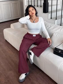 SHEIN EZwear 酒紅色女款寬腿長褲 梭織 秋冬款 - 酒紅色 - 查看 6
