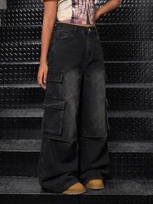 SHEIN Kids Tween Girls Jeans - Black - View 3