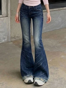 DAZY Women's Blue Washed Distressed High Waist Loose Wide Leg Street Casual Versatile Denim Jeans - Blue - View 1