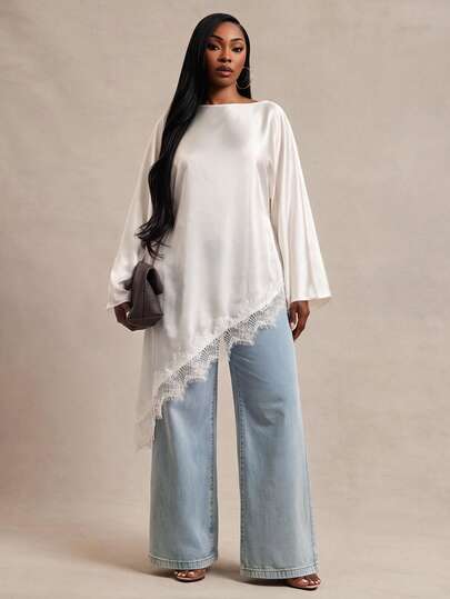 Radiana Plus Size Women Autumn French Elegant Solid Color Flare Sleeve Lace Patchwork Asymmetrical Hem Blouse, All-Match Versatile, Daily Casual Outing, Shopping, Gathering, Vacation, Beach, Dating, Birthday, Graduation Dress, Island, Old Money Style Clothing, Commute, Office, Music Festival, House Party, Party,