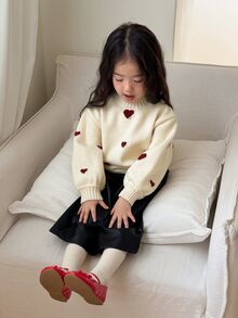 Dazy Kids Áo len bé gái sơ sinh cổ tròn họa tiết trái tim tay dài phong cách Hàn Quốc cho mùa thu/đông - trắng - Xem 7