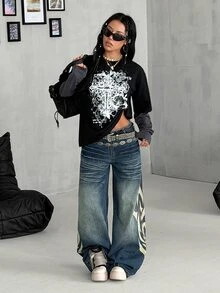 Coolane 女款秋冬街頭風休閒 Y2K 復古棉質十字圖案拼接黑色寬鬆長袖 T 恤，哥德龐克風格，萬聖節穿搭 - 黑色 - 查看 6