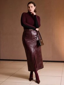 MOTF PREMIUM PLUS SIZE FRONT SLIT CROCODILE EMBOSSED PU STRAIGHT MID-LENGTH SKIRT AUTUMN/WINTER - Burgundy - View 6