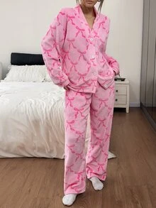 Napfluff Women's Autumn/Winter V-Neck Bow Coral Fleece Pajama Set - Multicolor - View 5