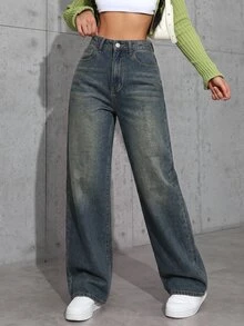 SHEIN EZwear 女款寬鬆寬腿休閒百搭牛仔褲，附口袋 - 深色水洗藍 - 查看 7