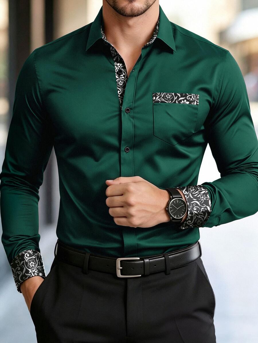 Manfinity Bizformal 男士襯衫精選-工藝系列:時尚拼接商務休閒長袖襯衫 - 墨綠色 - 查看 1