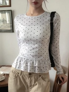 DAZY Polka Dot Patchwork Long Sleeve Round Neck Ruffle Trim Casual Vacation Korean Style Girl Spring Autumn Women T-Shirt Y2k - Grey - View 1