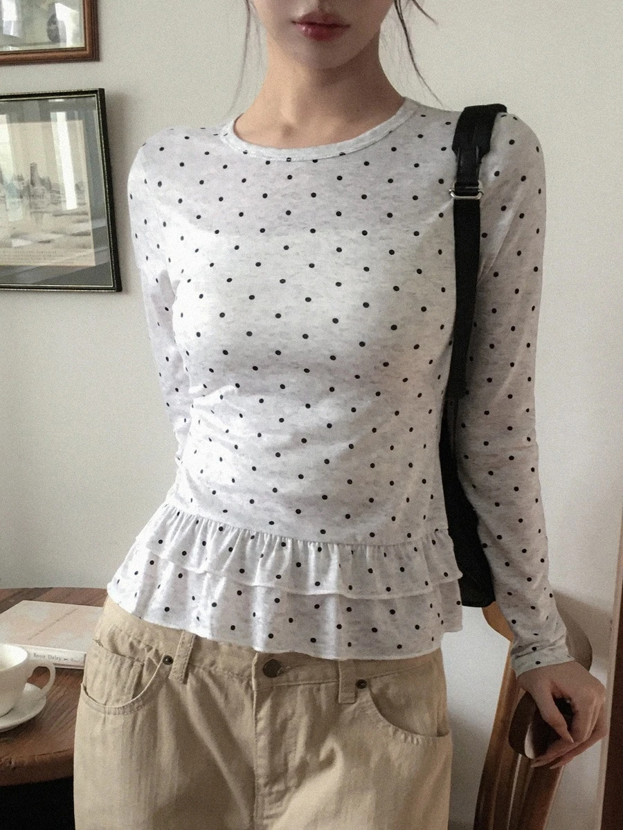 DAZY Polka Dot Patchwork Long Sleeve Round Neck Ruffle Trim Casual Vacation Korean Style Girl Spring Autumn Women T-Shirt Y2k - Grey - View 1