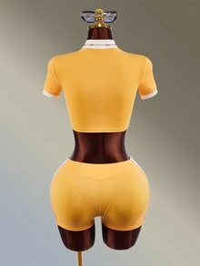 Amplova Women's Letter Print Stand Collar Short Sleeve Cropped T-Shirt And Shorts Sports Set - Butter Yellow - View 2