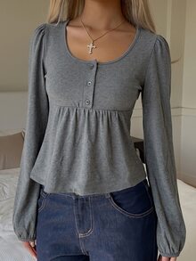 SHEIN EZwear 灰色針織女款半開襟鈕扣長袖T恤 - 深灰色 - 查看 5