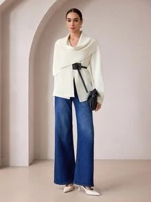 Modelyn كارديجان نسائي أنيق بتصميم ياقة وشاح غير متماثل، خريف/شتاء - أبيض - مشاهدة 4