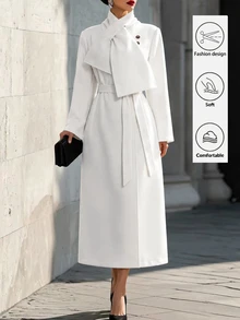 SHEIN Women's Spring/Autumn Deep Elegant Elegant Overcoat - High-End Stand Collar Waist-Cinching Tie-Up Design, Suitable For Outings, Dates, And Commuting - White - View 3