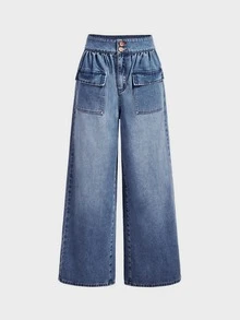 LUMIGAL Women's Cargo Pocket Wide Leg Loose Casual Denim Jeans - Dark Wash - View 6