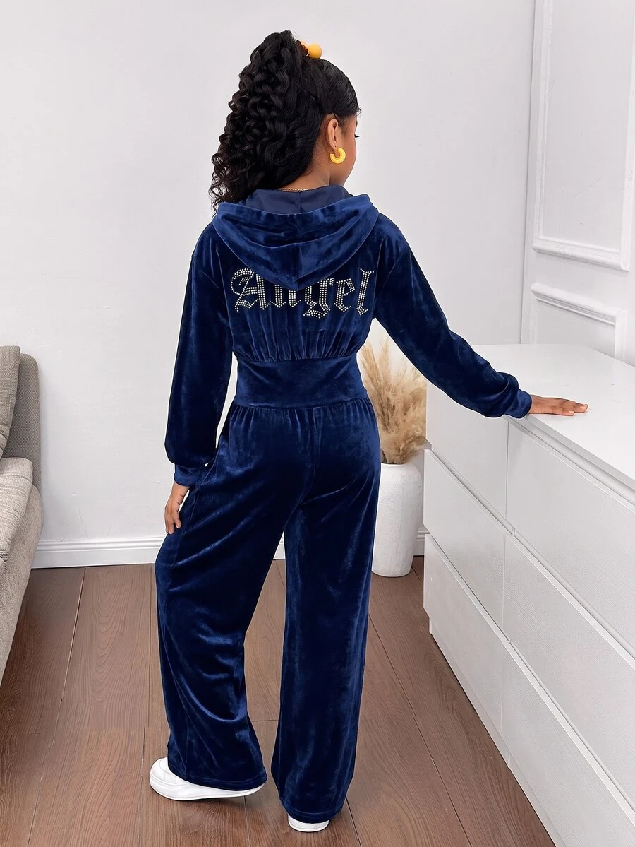 SHEIN 少女純色時尚休閒拉鍊連帽連身褲 - 藏蓝色 - 查看 1