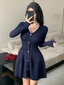 DAZY Ladies áo len váy - Màu xanh hải quân - Xem 6