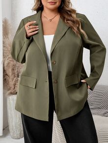 SHEIN CURVE+ 大尺碼女款素色翻領長袖西裝外套 - 軍綠色 - 查看 3