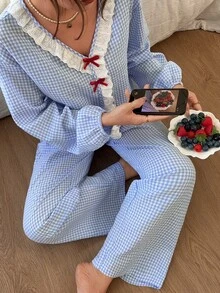 Dazy Kids 青少年女孩居家 V 領蕾絲拼接蝴蝶結設計格紋睡衣 秋季 - 淺藍色 - 查看 3