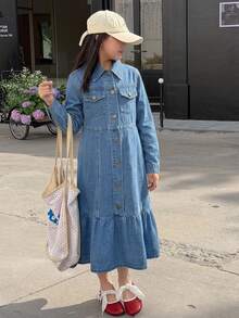 DAZY Tween Girl Fashion Button Pocket Design Long Sleeve Denim Dress - Medium Wash - View 3