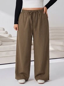 Solflare Plus Size Casual Drawstring Waist Loose Pants For Daily Wear - Coffee Brown - View 5