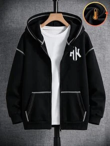 SHEIN 青少年男童簡約街頭風字母印花拉鍊冬季衛衣，休閒舒適，布料柔軟，灰色，適合秋季、上學、返校季等場合。 - 彩色 - 查看 3