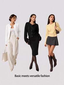 SHEIN BASICS 女款極簡復古單排扣長袖針織開襟衫 - 白色 - 查看 9