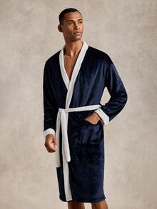 EverLounge Autumn/Winter Men's British Style Minimalist Basic Comfortable Soft Navy Blue Flannel Contrast White Long Robe - Navy Blue - View 5