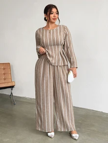 Firerie Plus Size Slimming Ruched Khaki Striped Round Neck Long Sleeve Set/Elastic Waistband/Casual Everyday Matching Set Fall - Khaki - View 5