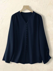 Rusticease Women's Solid Color V-Neck Long Sleeve Single-Breasted Casual Shirt - Navy Blue - View 7