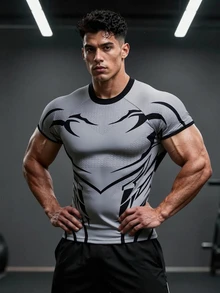 GymBeat Men's Tech Print Slim Fit Sports T-Shirt, Outdoor Gym Running Training Short Sleeve Tee - Grey - View 4