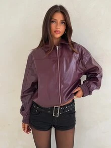 Aloruh Women's Deep Purple Leather Minimalist Jacket, Early Autumn Outfit - Purple - View 4