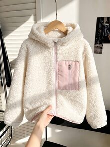 青少年女孩拼色前拉鍊連帽抓絨外套 - 杏色 - 查看 4