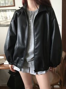 DAZY Solid Color Loose Long Sleeve Hem Cuffed Zipper PU Leather Jacket Casual Streetwear Daily Autumn Winter Women's Leather Jacket - Black - View 1